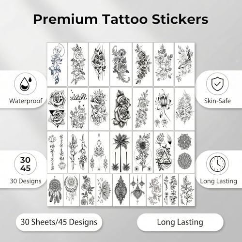 Temporary Tattoos 30 Sheets 45+ Designs Waterproof Animal Flower