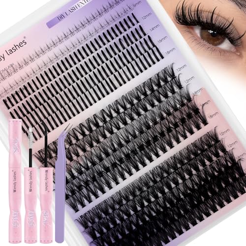 DIY Wispy Lash Extension Kit Individual Spike Manga Lash Clusters Kit with Bottom Lashes, Lash Bond and Seal, Lash Tweezers Eyelash Extension Kit for Self Use(40+50,12-18mm,0.07D,Kit)