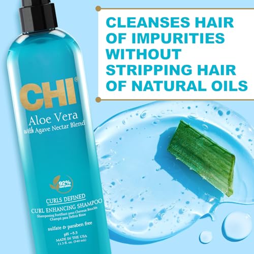 CHI Aloe Vera Curl Enhancing Shampoo, Gently Cleanses & Increases Moisture For Curly Hair, Sulfate, Paraben, & Cruelty-Free, 11.5 Oz