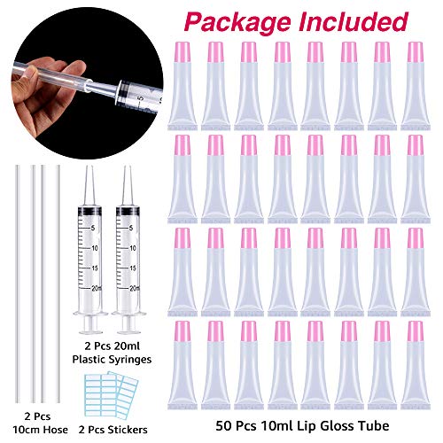 50PCS 10ml Pink Lip Gloss Tubes with Syringes & Labels