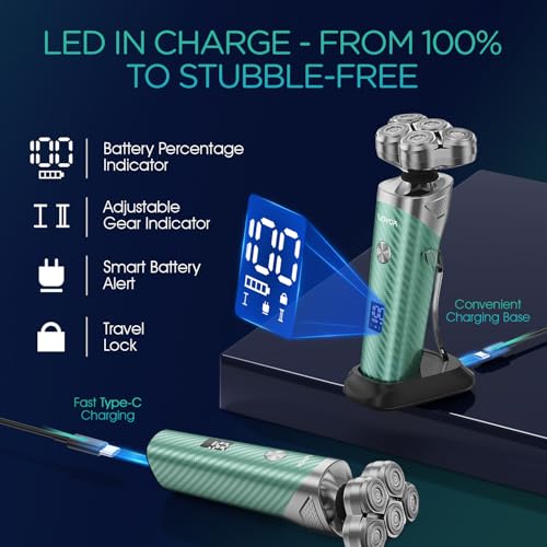 VOYOR Electric Razor for Men - 5D Floating Shavers for Men Magnetic Electric Shaver Rechargeable Face Shaver LED Display Wet Dry Shaving IPX6 Waterproof Mens Rotary Razor TX500 (Green)
