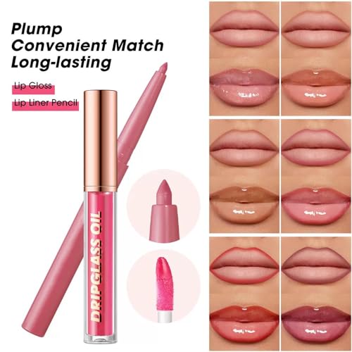 Dark Red Lip Liner Lip Gloss Set for Women, Waterproof Lip Kit with Lip Oil Lip Liner Pencil, Hydrating Long-Lasting Lipgloss Lip Pencil, High Pigment Non-Sticky lip liner Stain Lipliner (12#)