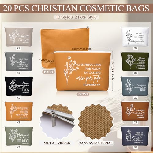 Kacctyen Spanish Christian Easter Gifts for Women Bulk Bible Verse Makeup Bags Religious Gift Regalos Cristianos Para Mujer Canvas Pouch Compact Mirrors Mother's Day Church Gift(Boho Color,20 Sets)
