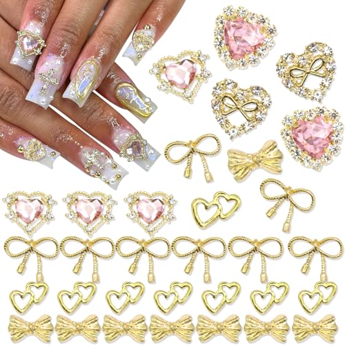 RODAKY 32PCS Gold Nail Charms Bow Nail Gems 3D Heart Nail Art Charm with Pink Rhinestone Cute Shiny Nail Jewelry for Women Manicure Nail Decorations for Nails Art