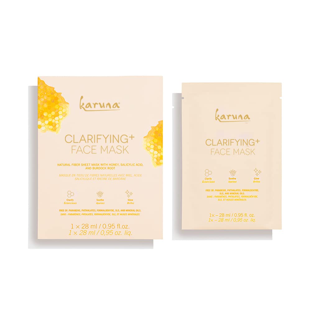 Karuna Skin - Clarifying+ Sheet Masks for Clear Skin, Moisturizing & Hydrating Face Masks Skincare, Sheet Mask with Honey, Salicylic Acid & Burdock Root, 1 Face Mask Sheets per Pack