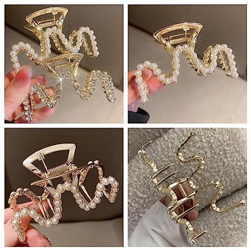 Rhinestone Hair Clips, Textention 3.4 Inch Pearl Claw Clips for Thick Hair, Crystal Metal Hair Jaw Clamps Fashion Hair Accessories for Women Bride Bridesmaid (2 Pack)