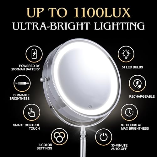 Ultra Zoom 20X Magnifying Lighted Table Mirror for Makeup - 20X & 1X Dual Sided LED Make-up Mirror with 3 Light Modes, Rechargeable Battery with USB Cable - 8" Wide & 15" Tall (Chrome)