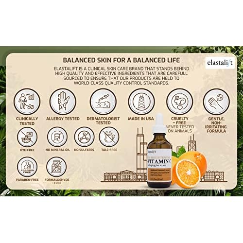 Elastalift Vitamin C Facial Serum For Age Spots, Wrinkles, & Expression Lines. Anti-Aging Face Serum W/Vitamin C & Hyaluronic Acid Brightens Skin To Promote Healthier Skin Complexion, 1.75 Fl Oz