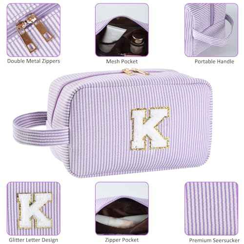 Personalized Initial Makeup Bag A-Z, Travel Toiletry Bag Preppy Make Up Bag Cosmetic Pouch Makeup Organizer for Women Birthday Christmas Gifts for Teen Girls Trendy Stuff (Purple, C)