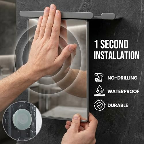 TAILI Fogless Shower Mirror with Storage Tray – 9.8 x 10.1 in, Light Gray, Rectangular