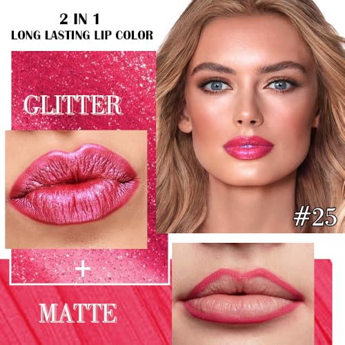 evpct Rose Red Glitter Lip Liner & Liquid Lipstick Set - Long Lasting, Waterproof