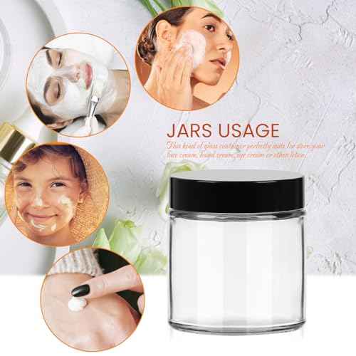 4 oz Clear Round Glass Jars, Pack of 2 with Black Lids, Cosmetics Containers for Face Cream Lotion, Powder, Candle, Spice, Body Butter