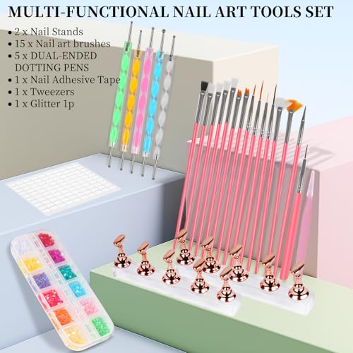 25-Piece Nail Art Tools Set with Brushes, Dotting Tools & Stands