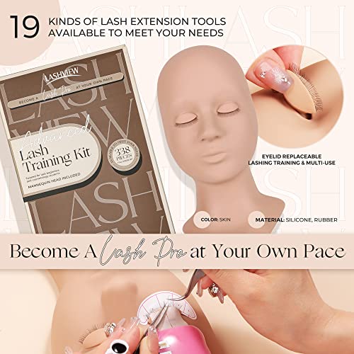 LASHVIEW Lash Kit for Beginners 338pcs Lash Extension Kit Professional Mannequin Head With 7 Pairs Replaced Eyelids Silicone Training Set Include Mini Fan Dryer Makeup Natural Skin Color