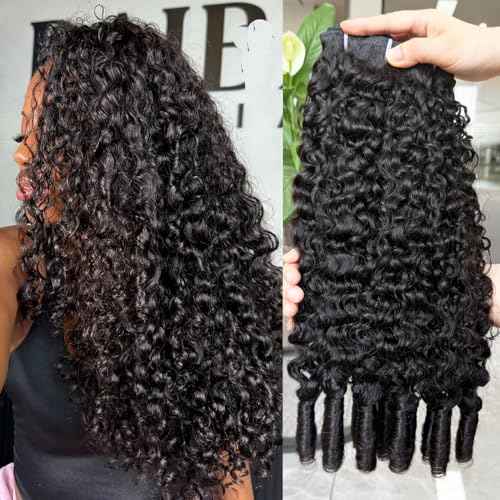 Lemoda Burmese Curly Human Hair Bundles 20 inch 100% Unprocessed 15A 3c4a Water Wave Bundles with Spiral Ends Double Weft Quick Weave Extensions Deep Wave Bundle Human Hair Natural Black Color