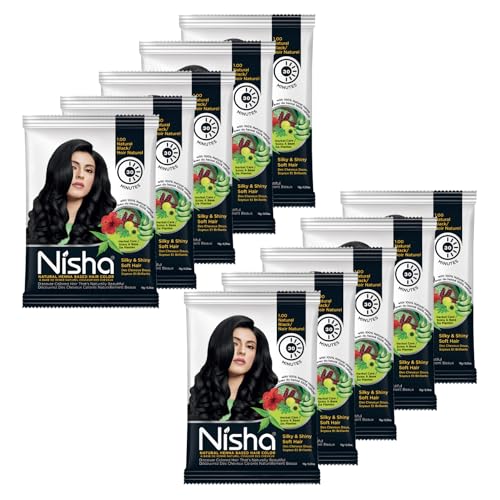 Nisha Natural Henna Hair Color Black - Pack of 10 (10g Each) | Herbal Hair Dye