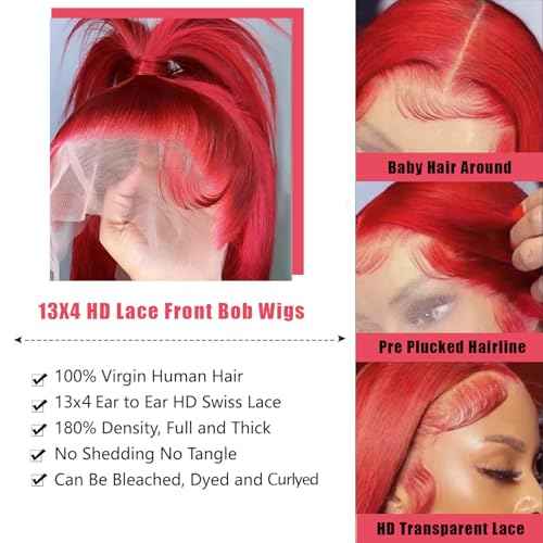 Red Bob Wigs Human Hair Red 13X4 Bob Lace Frontal Wigs Human Hair for Black Women180% Density Wear and Go Glueless Wig Blunt Cut Straight Short Bob Wigs Pre Plucked With Baby Hair 10 Inch
