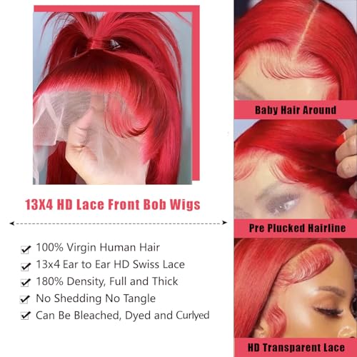 Red Bob Wigs Human Hair Pre Plucked Red Lace Front Wigs Human Hair for Black Women 180% Density Wear and Go Glueless 13x4 HD Transparent Lace Frontal Straight Short Bob Wigs 8 Inch