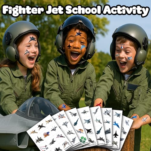 Jet Temporary Tattoos Stickers for Kids Boys Girls ? 96PCS Fighter Jet & Airplane USA Designs ? Birthday Party Favors, Supplies, Decorations, Military Pilot Themed Birthday Gifts Prizes Rewards