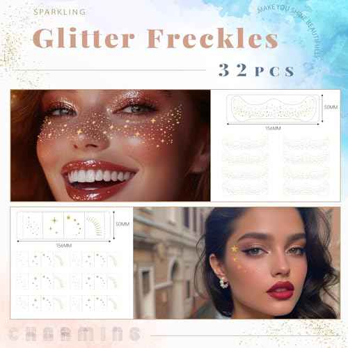 Glitter Freckles, 32 Pcs Sparkle Glitter Freckles Face Tattoo for Women Girls Gold Temporary Face Tattoos Concert Festival Rave