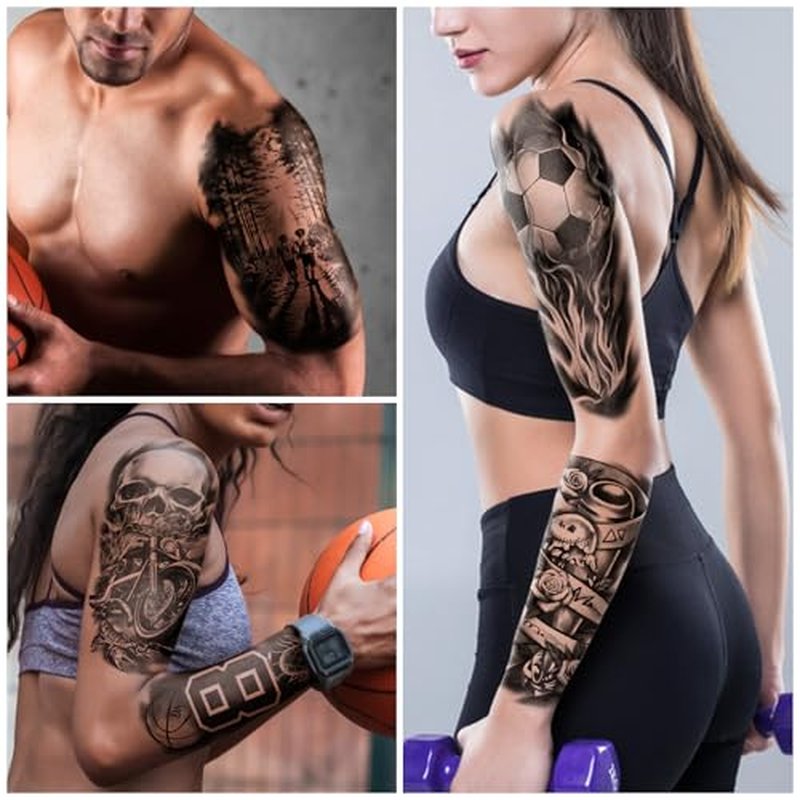 Sport Temporary Tattoos for Adult Kids, 77 Sheets Black Fake Tattoo Realistic and Waterproof, Basketball Football Skiing Tattoo Design for Sports Enthusiast, Large Tattoos Temporary for Men Women