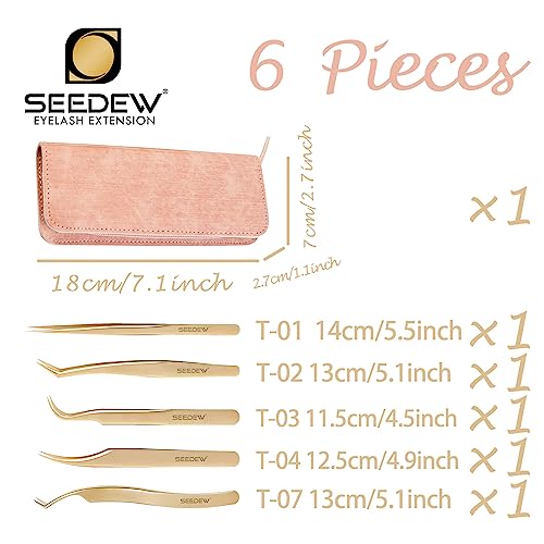 SEEDEW Tweezers Eyelash Extension 5 Pieces Stainless Steel Straight and Curved Professional Set Supplies with a Storage Bag for Lash Tech, Lash Artist Beginner Making Volume Classic Fans(Golden, Pink)