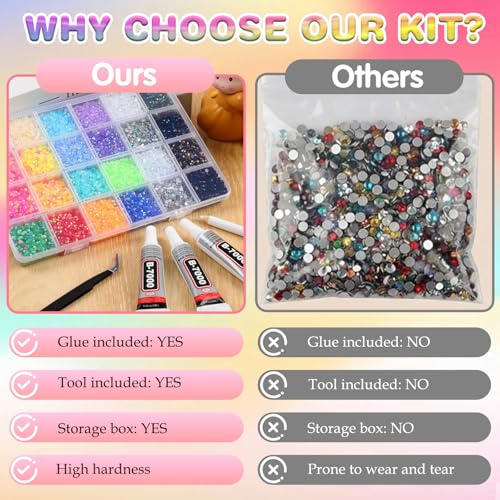 3mm Colorful DIY Resin Rhinestone Kit for Bedazzling, Multicolor Flatback Gems, 3Pcs 10ml B7000 Jewelry Glue for Bedazzled Nail Art Clothing Shoes Nail Book Diamond Art (32000)