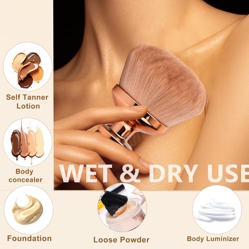 Extra Large Body Makeup Brush for Self Tanner, 3.54 Inch Big Wide-Headed Tan Oval Brush Bronzers Blend Self Tanning Applicator with Drawstring Bag for Face Neck Back Legs & Dry Use (Gold)