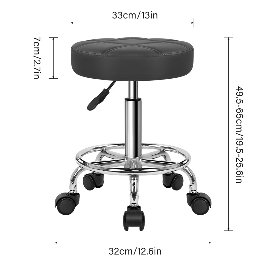 WKWKER Round Rolling Stool with Footrest PU Leather Height Adjustable 360° Swivel Stool with Wheels Office Chair Home Drafting Work Studio Shop SPA Salon Small (Grey)