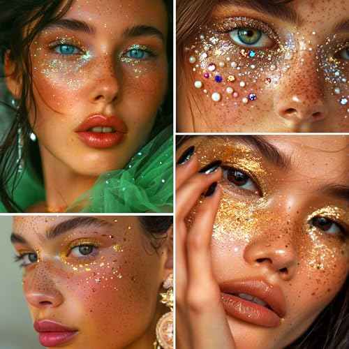 Glitter Freckles Face Tattoo,6PCS Festival Rave Accessories for Women,Gold Silver Face Waterproof Sparkles Freckles Half Magic Makeup Jewels Stickers (6PCS)