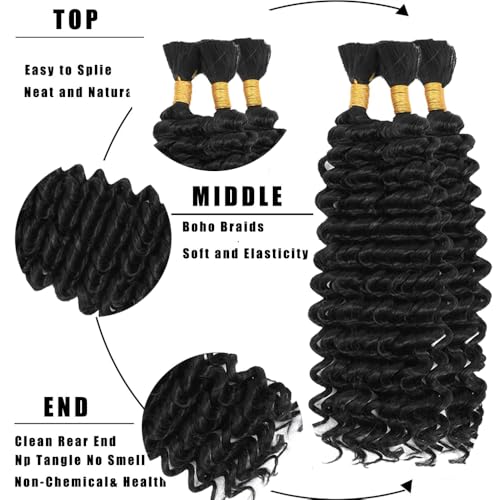 BA #1B Human Deep Wave Braiding Hair Bulk 26 Inch Natural Black 3 Bundles