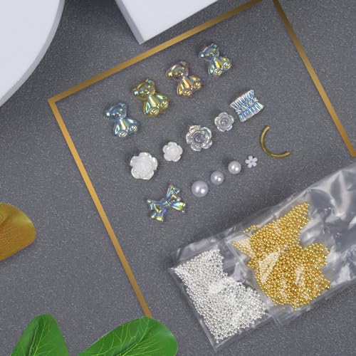 Clear Nail Charms Aurora Nail Jewelry Set, Laser Teddy Bear and Bow Tie Sequins Camellia Flowers and Pearls Charms for Nail Art Decoration Kit, Gold Rhinestones for Nails Design with Dotting Pencil