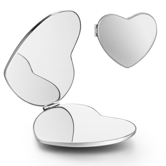 Dimeho Compact Mirror Travel Makeup Mirror Metal Pocket Cosmetic Mirrors Portable Handheld Beauty Mirror Folding Double-Sided Elegant Vanity Mirror for Men Women Purse(Silver-Heart Shaped)
