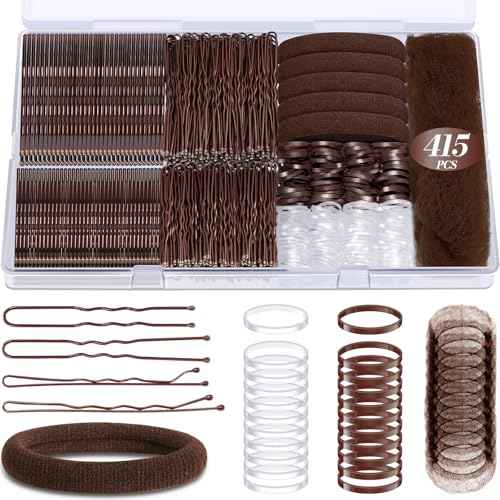 415pcs Bobby Pins Hair Pins Set, IKOCO 200pcs U Shaped Pins & Elastic Hair Ties for Women with Hair Net, Brown