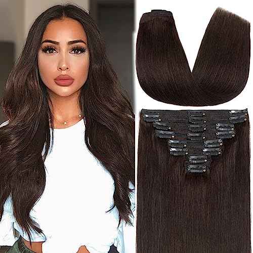 S-noilite Clip in Human Hair Extensions Thick True Double Weft 100% Remy Human Hair Hair Clip in Extensions Full Head 8 Pieces 18 Clips Straight Silky (12 inch - 115g,Dark Brown (#2))