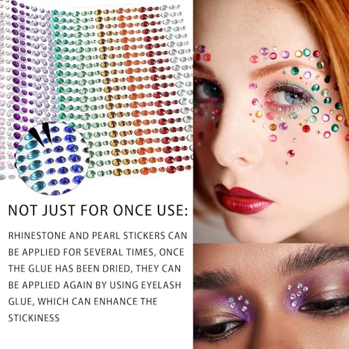 1550 Pcs Self Adhesive Rhinestones Face Gems and Pearls for Makeup, Rainbow Face Jewels Stick on Pearls Stickers Festival Diamonds Accessories, Nail Eye Hair Body DIY Decoration