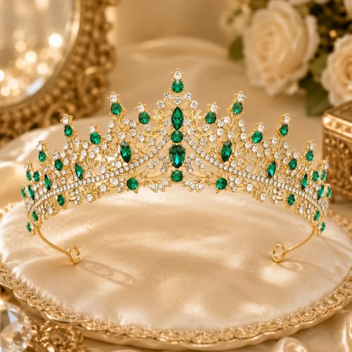 Gold Green Queen Crown Rhinestone Tiara for Women
