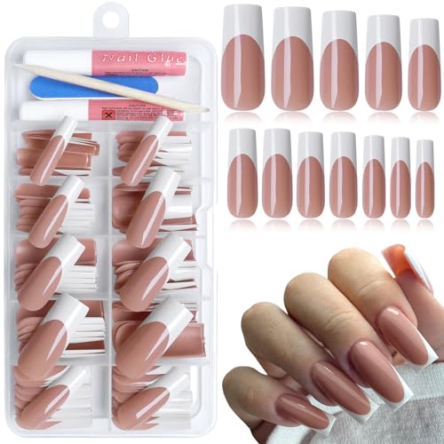 Bellelfin 120Pcs White French Tip Press on Nails, Square French Tips Press ons Long, Glossy Nude Fake Nails with Glue on Nails Full Cover Acrylic Stick on Nails for Women Girls Artificial Fingernails