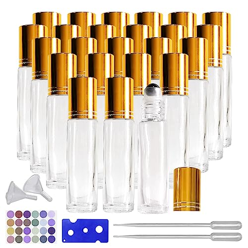 24Pack Essential Oil Roller Bottles 10ml Clear Glass Roller Bottles with Stainless Steel Roller Balls Leak Proof Roll on Bottles for Travel Perfume Essential Oil