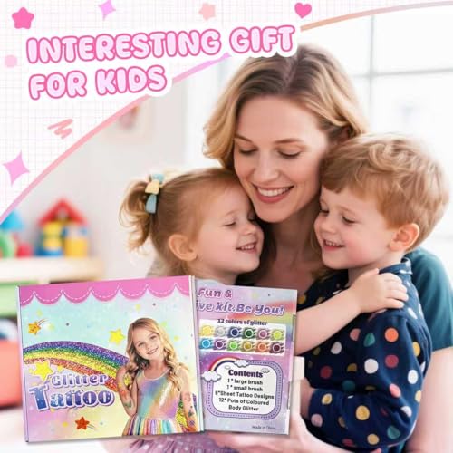 Glitter Tattoo Kit for Kids - 68 Designs with 12 Colors