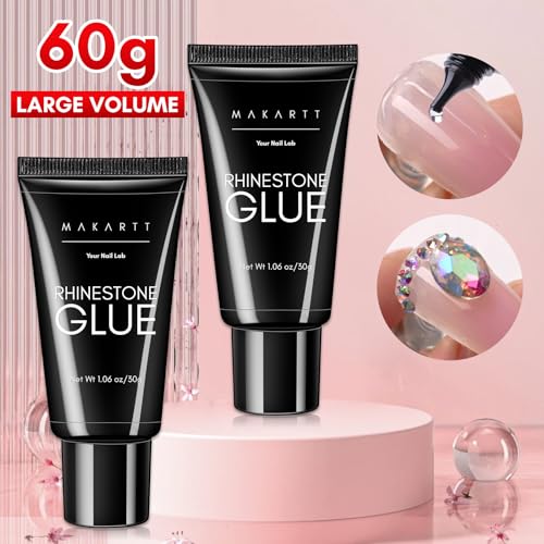 Makartt Rhinestone Glue Set - 2 x 30ml Medium Viscosity Nail Art Adhesive for Rhinestones & 3D Charms