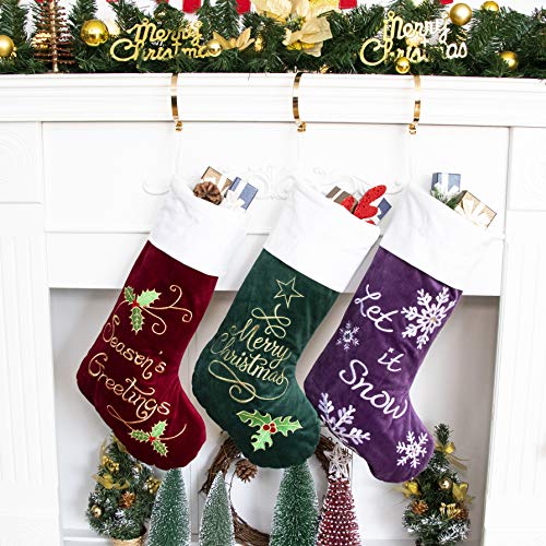 GEX Christmas Stockings 3 Pack for Family 22" Large Quilted Lining Embroidery Classic Luxury Velvet Red Green Purple Hanging Ornament Decorations for Fireplace Xmas Season (Set of 3)