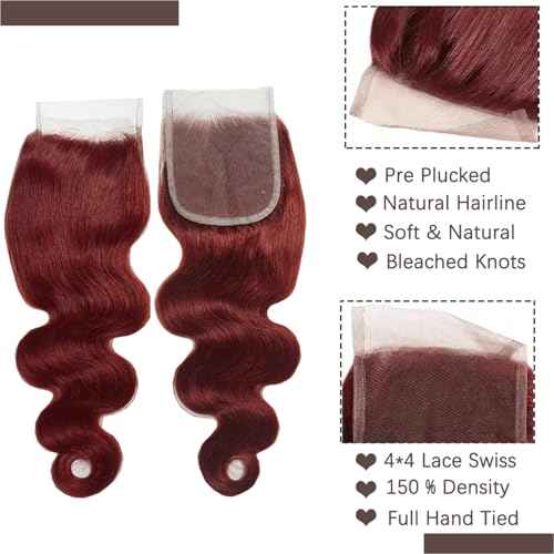 Reddish Brown Bundles With Closure Human Hair 20 22 24+20 Free Part, Copper Red Body Wave Human Hair Bundles With 4X4 Lace Closure 33 Reddish Brown Body Wave Bundle