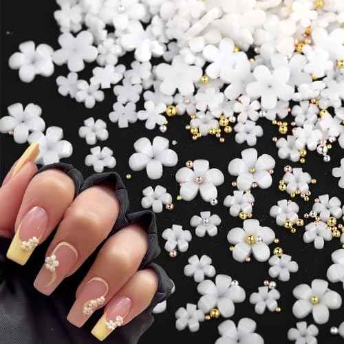Nail Charms, 1000Pcs 3D Flower, White Acrylic, Metal, Pearl, Mix Sized, Spring Cherry Blossom Gems Design for Women Nail Decorations