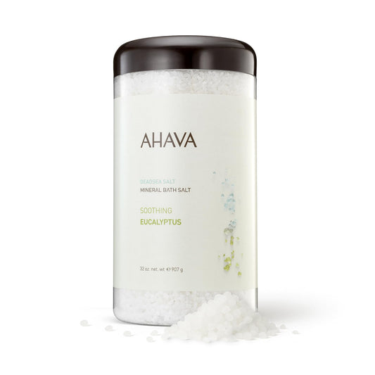 AHAVA Dead Sea Mineral Bath Salt, Soothing Eucalyptus - Intense Relaxation for Body & Mind, Elevates Moisture, Softens & Eases Sore Muscles, Enriched by Exclusive Dead Sea Salt & Osmoter blend, 32 Oz
