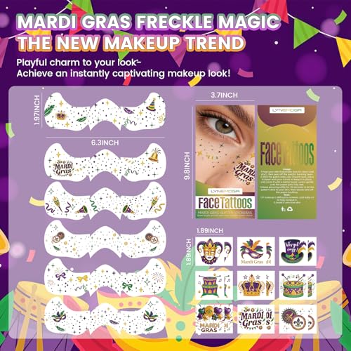 Mardi Gras Decorations, Mardi Gras Decor Temporary Tattoos, Mardi Gras Freckles Face Tattoos with Body Glitter Temporary Tattoo Stickers for Women, Teen Girls, Party Costume Outfit Makeup