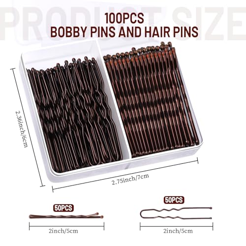 Brown Hair Bobby Pins Set - 100 Pieces for Women, U-Shaped & Bun Pins, 2 Inch