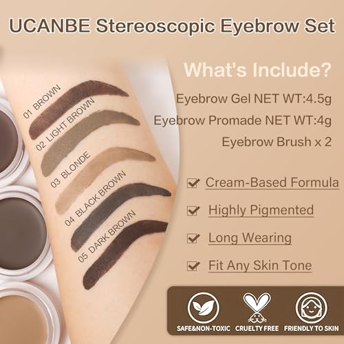 UCANBE Waterproof Eyebrow Gel & Pomade Kit with 2 Dual-Ended Brushes