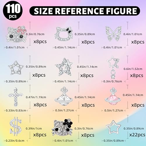 112 PCS Nail Charms Bulk Set for Kawaii Kitty Charms Bling Cute Cross Star Charms Nail Charms and Gems 3D Silver Y2K Nail Charms with Rhinestones Nail Art Accessories