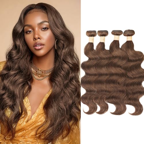 ALLRUN Brown Body Wave Human Hair Bundles 12-18 Inch, 4 Bundles with Closure, Brazilian Virgin Hair, Color 4# (Variation: 16 Inch)